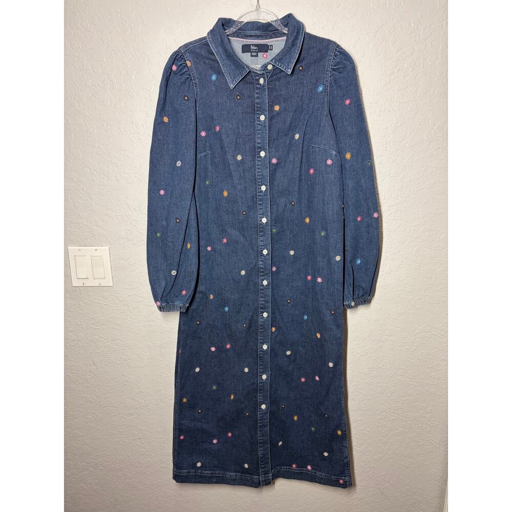 Boden Puff Sleeve Embroidered Denim Midi Dress sZ 6 Boho Preppy